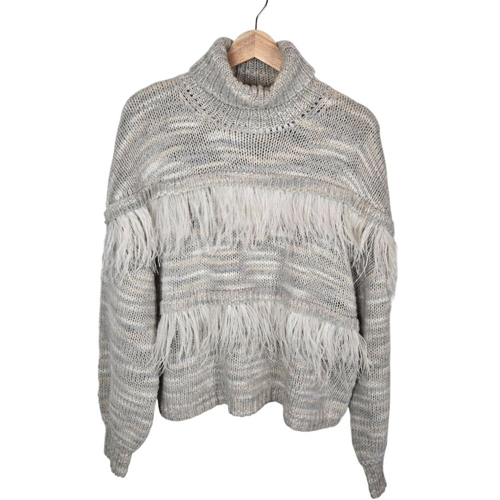 Cinq À Sept Womens Sweater M Gray Turtleneck Wool blend Ostrich Fringe Open Knit